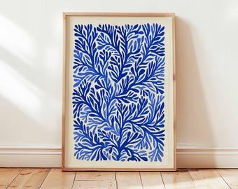 Blue Abstract Botanical Wall Art Print, Modern Nature Inspired Poster, Minimalist Plant Design for Living Room Bedroom Decor