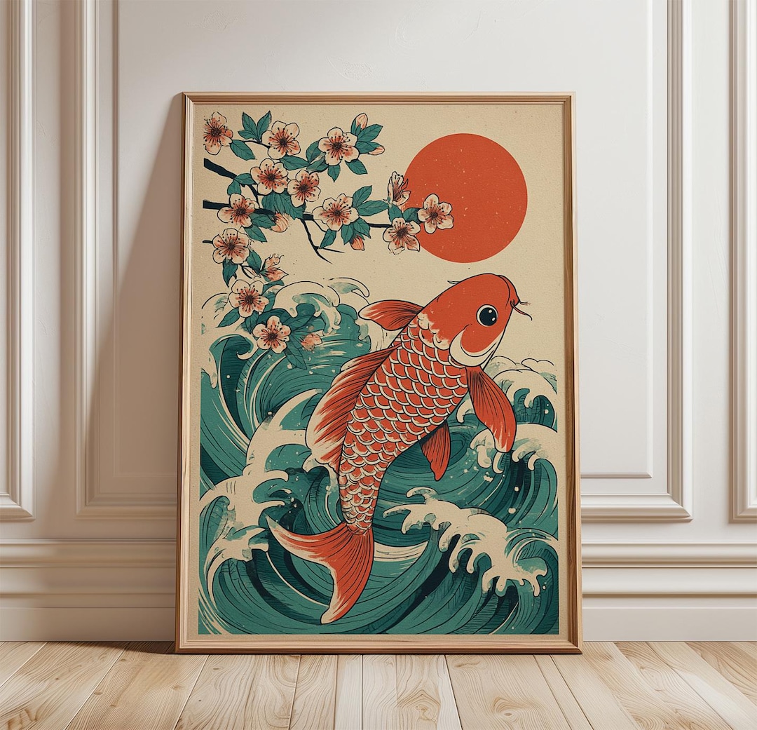 Koi Fish Japanese Poster Print | Cherry Blossom Wave Wall Art ...