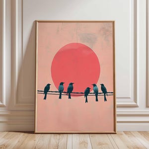 Birds on Wire Poster, Red Sun Art Print, Minimalist Bird and Sunset Art, Contemporary Nature Wall Decor, Retro Birds Artwork