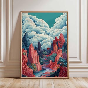Chinese Landscape Poster, Vibrant Mountain Art, Fantasy Ink Painting, Bold Red and Blue Landscape, Traditional Asian Art, Scenic Wall Decor