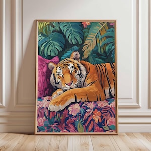 Vibrant Tiger Relaxing in Jungle Art – Colorful Tropical Wildlife Poster, Tiger Jungle Painting, Bold Animal Wall Art