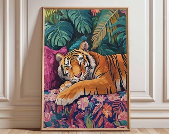 Tigre vibrante relajándose en la selva: póster colorido de vida silvestre tropical, pintura de tigre en la selva, arte mural de animales llamativos