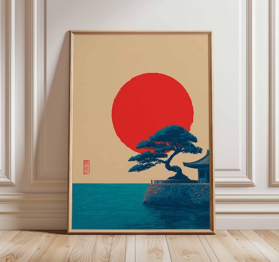 アートポスターダイアン・ロマネロ＜EVENING　SUN＞ Japanese Sunset Poster, Minimalist Red Sun Wall Art, Zen Landscape