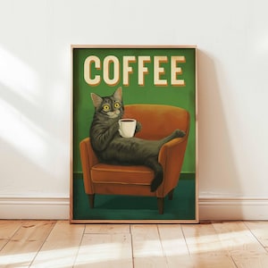 Funny Cat Coffee Poster, Retro Style Wall Art, Relaxed Black Cat in Chair Print, Cozy Kitchen Decor, Vintage-Inspired Pet Art Unframed