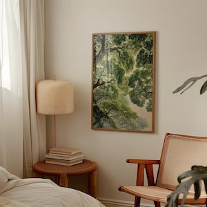 May include: A framed art print depicting a view of a tree canopy from below, with lush green leaves and branches. The artwork is in a wooden frame and hangs on a neutral-colored wall. A woven lamp and side table are in the foreground.