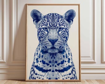 Blue Leopard Poster, Modern Animal Wall Art, Wildlife Illustration Print, Bold Big Cat Artwork, Contemporary Safari Home Decor