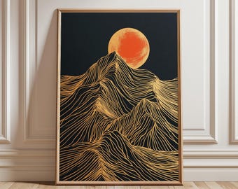 Zwartgouden bergposter, abstract maanlandschap, minimalistische lijntekeningen