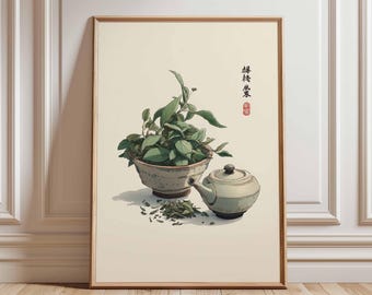 Japanese Tea Poster, Herbal Tea Wall Art, Asian Kitchen Decor, Minimalist Zen Print, Traditional Tea Pot Illustration, Botanical Artwork