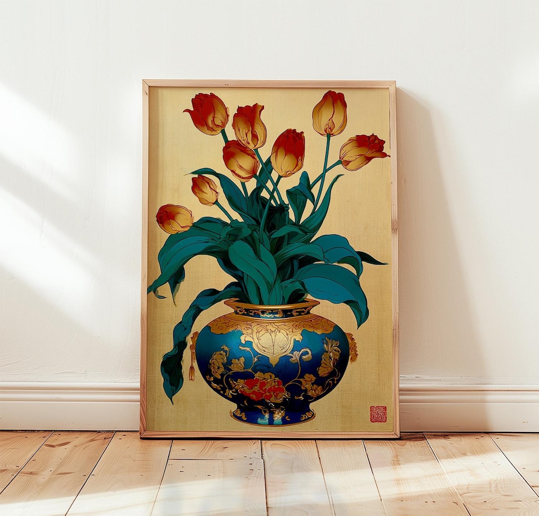 Tulip Vase Wall Art | Botanical Floral Print | Blue Chinoiserie Decor ...