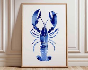 Póster de langosta azul: arte mural náutico costero, impresión de vida marina, decoración marina para casa de playa, obra de arte costera moderna