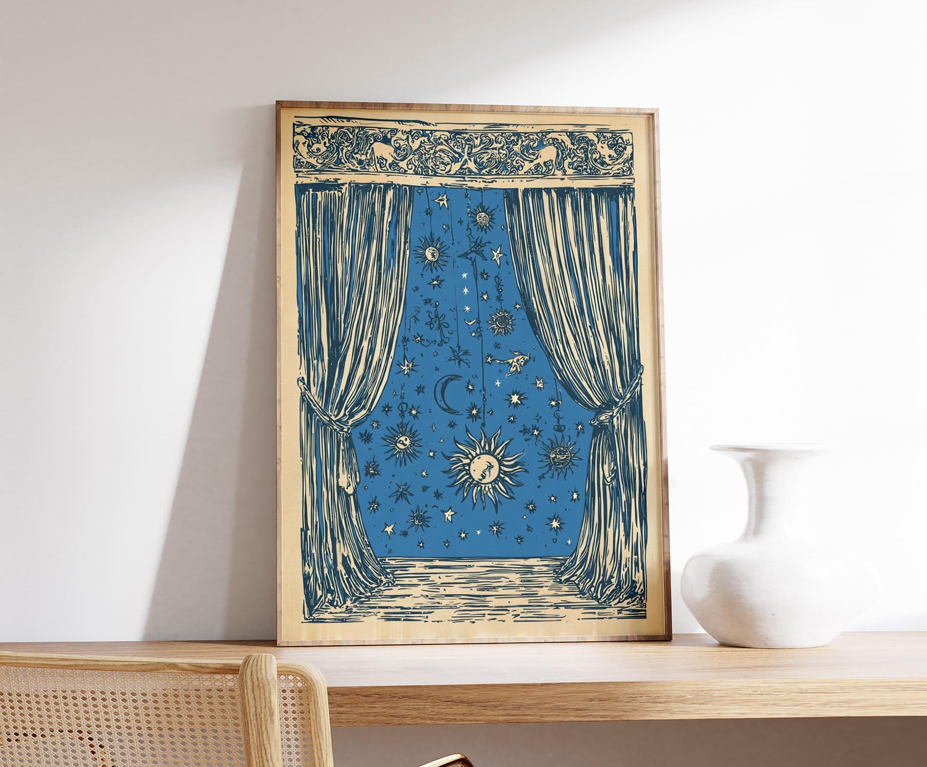 Celestial Curtain Wall Art Print | Moon and Stars Illustration Poster ...