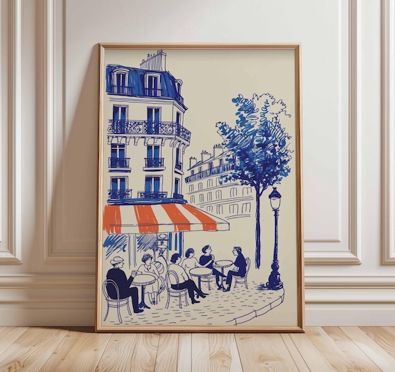 Paris Cafe Poster – French Wall Art, Vintage Paris Print, Parisian Street Scene Illustration, European Travel Artwork for Home Decor
