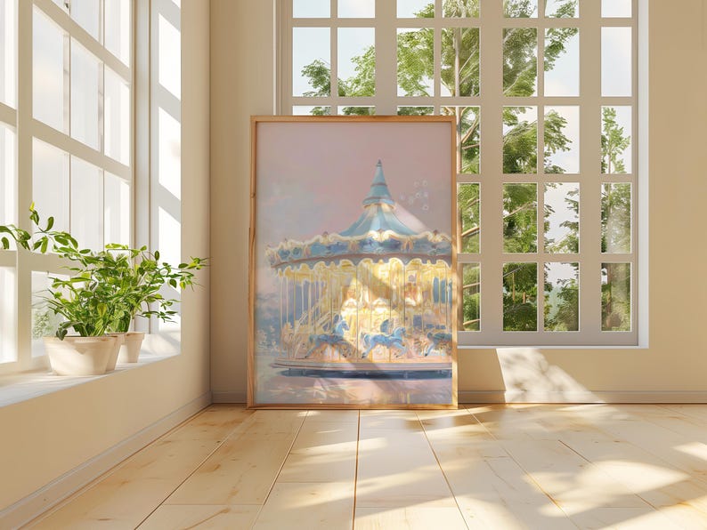 Vintage Carousel Art Print, Pastel Nursery Wall Decor, Dreamy Blue Pink ...