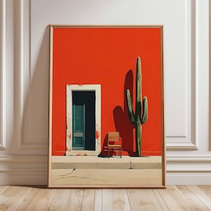 Impression d'art mural mexicaine, affiche de cactus et de chaise, oeuvre d'art d'architecture minimale rouge audacieuse, décoration bohème du désert pour le salon ou le couloir
