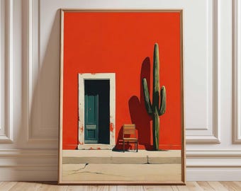 Mexican Wall Art Print, cactus and chair poster, bold red minimal architecture artwork, desert boho home decor for living room or hallway