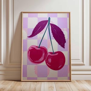 Cherry Pop Art Poster – Bold Fruit Kitchen Wall Art, Retro Pink Checkerboard Print, Funky Cherry Artwork for Food Lovers