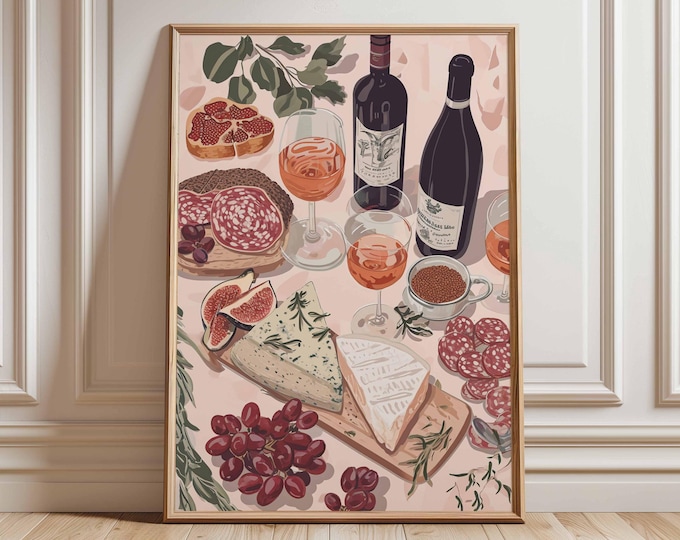 Wine and Cheese Poster, Charcuterie Board Wall Art Print, Red Wine and Figs Kitchen Decor, Dining Room Artwork, Food and Drink Gift