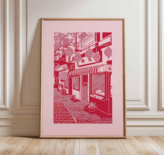 Red Japanese Street Art Print, Tokyo Alley Line Art Poster