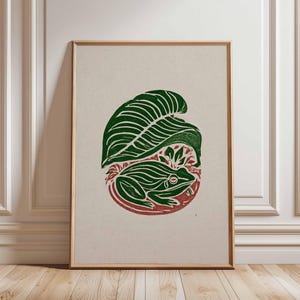 Frog and Leaf Linocut Print, Botanical Animal Art Poster, Earthy Minimalist Wall Decor, Hand-Carved Style Illustration