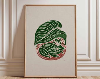 Frog and Leaf Linocut Print, Botanical Animal Art Poster, Earthy Minimalist Wall Decor, Hand-Carved Style Illustration