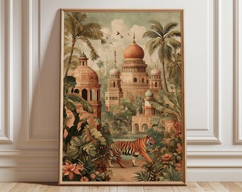 Tiger Jungle Indian Palace Poster, Exotic Animal Wall Art Print For Living Room Bedroom Boho Decor