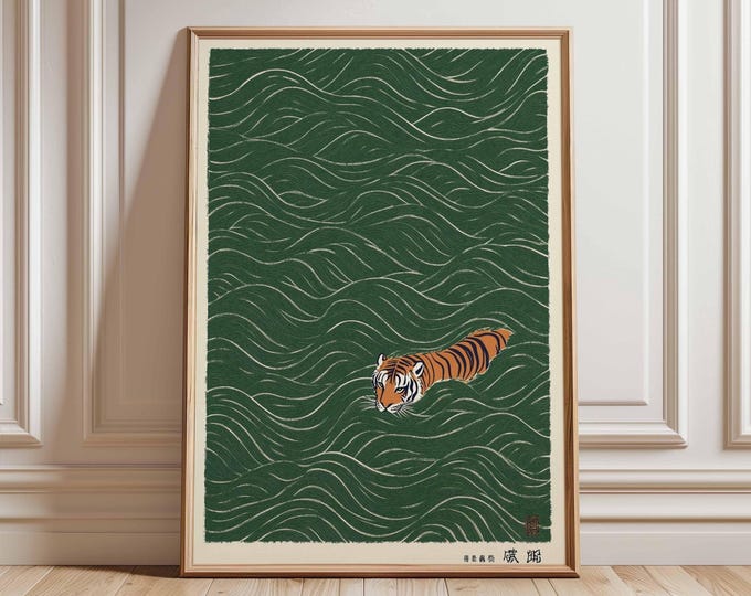 Japanischer Tiger Schwimmen Druck, Vintage Ukiyo-e Stil Wandkunst, Minimalistisches Tier Poster, Asiatisch Inspiriertes Tiger Dekor