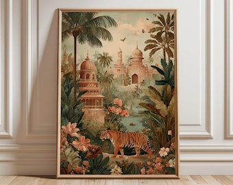 Tiger Jungle Indian Palace Poster, Exotic Animal Wall Art Print For Living Room Bedroom Boho Decor