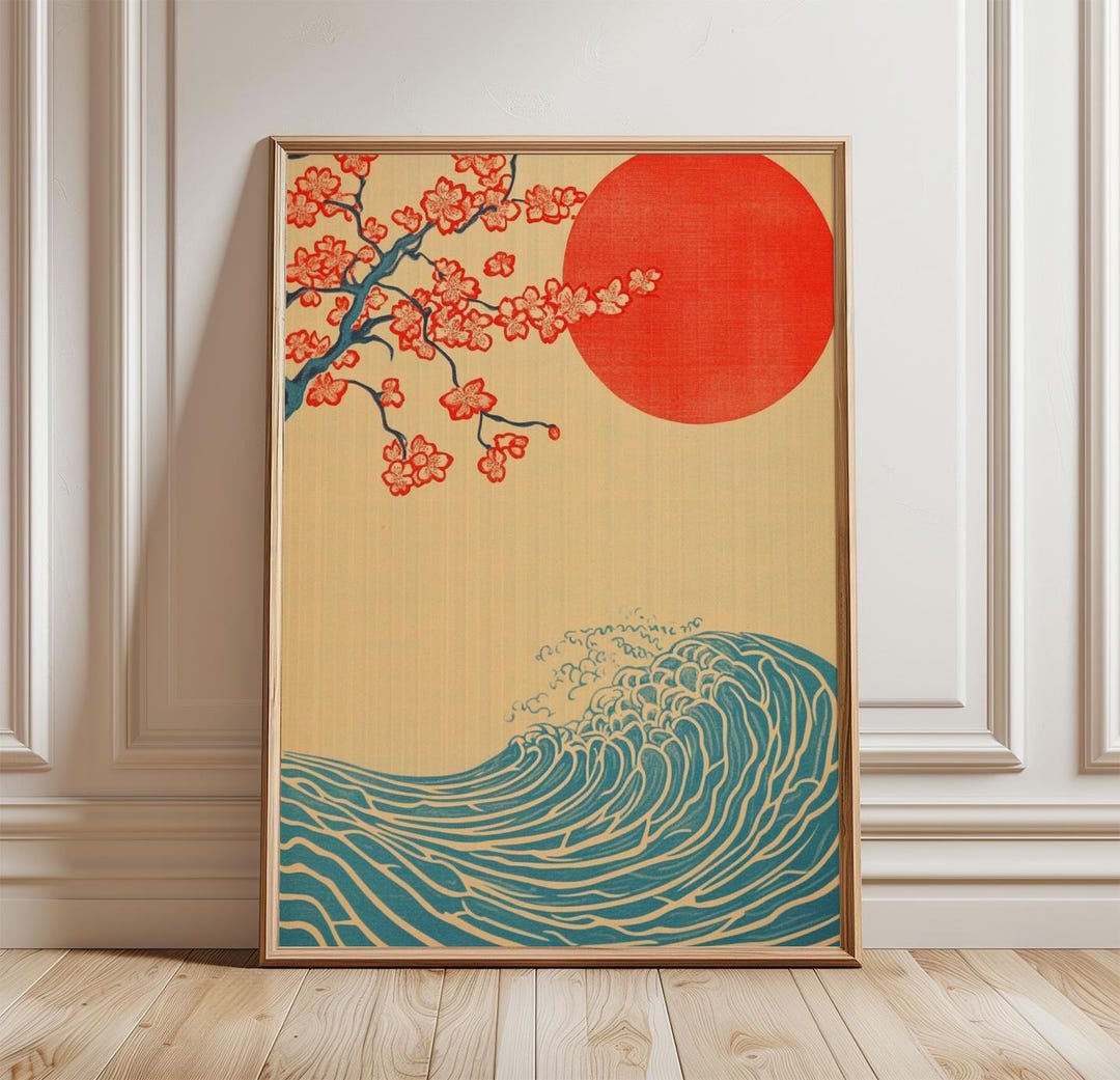 Japanese Wave Poster, Rising Sun Wall Art Print, Cherry Blossom Ocean ...