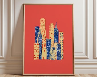 Red City Skyline Poster, Playing Card Wall Art, Abstract Print