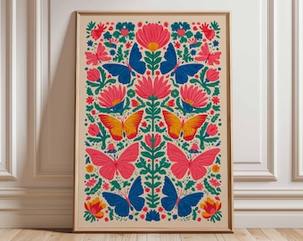 Colorful Butterfly Poster, Folk Art Floral Wall Art, Bright Nature Print, Boho Botanical Home Decor, Vibrant Garden Illustration Artwork