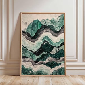 Abstract Mountain Landscape Poster, Green and Black Marble Art Print, Modern Nature Wall Art, Geometric Mountain Design, Nature Art Poster