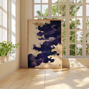 Konstposter med lila moln, abstrakt japansk målning, mystisk molnväggdekor, eleganta lila virvlar, modern heminredning bild 3