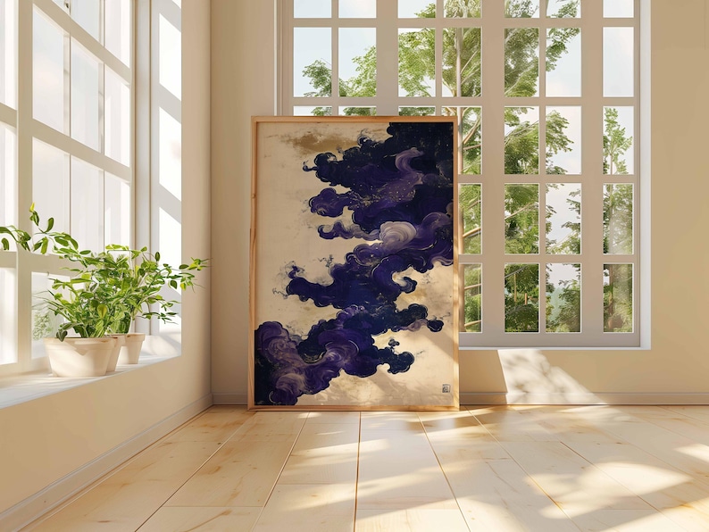 Konstposter med lila moln, abstrakt japansk målning, mystisk molnväggdekor, eleganta lila virvlar, modern heminredning bild 3
