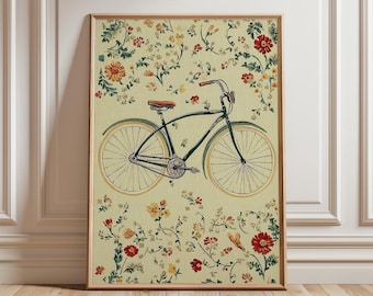 Vintage Bicycle Poster, Floral Cottagecore Wall Art, Botanical Print