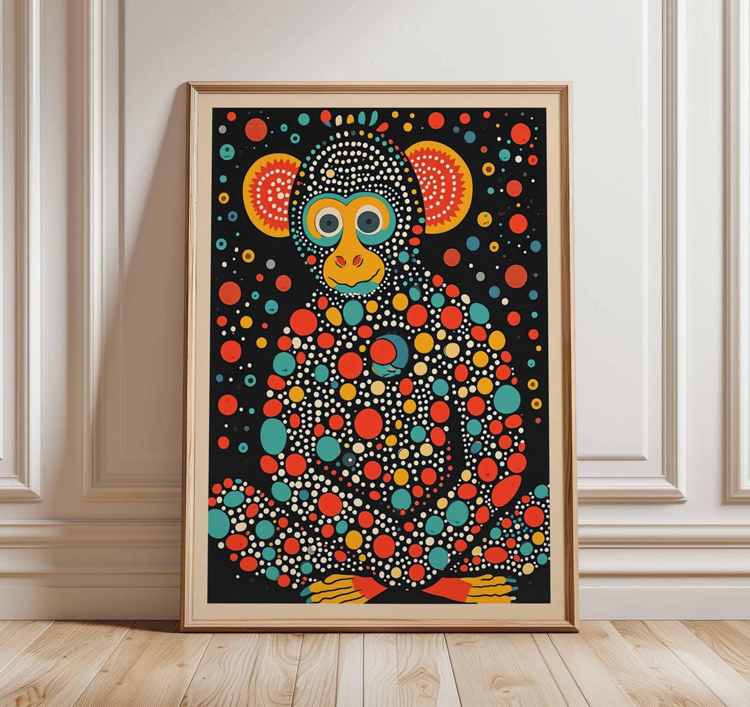 Psychedelic Chimpanzee Wall Art Print, Abstract Dot Painting