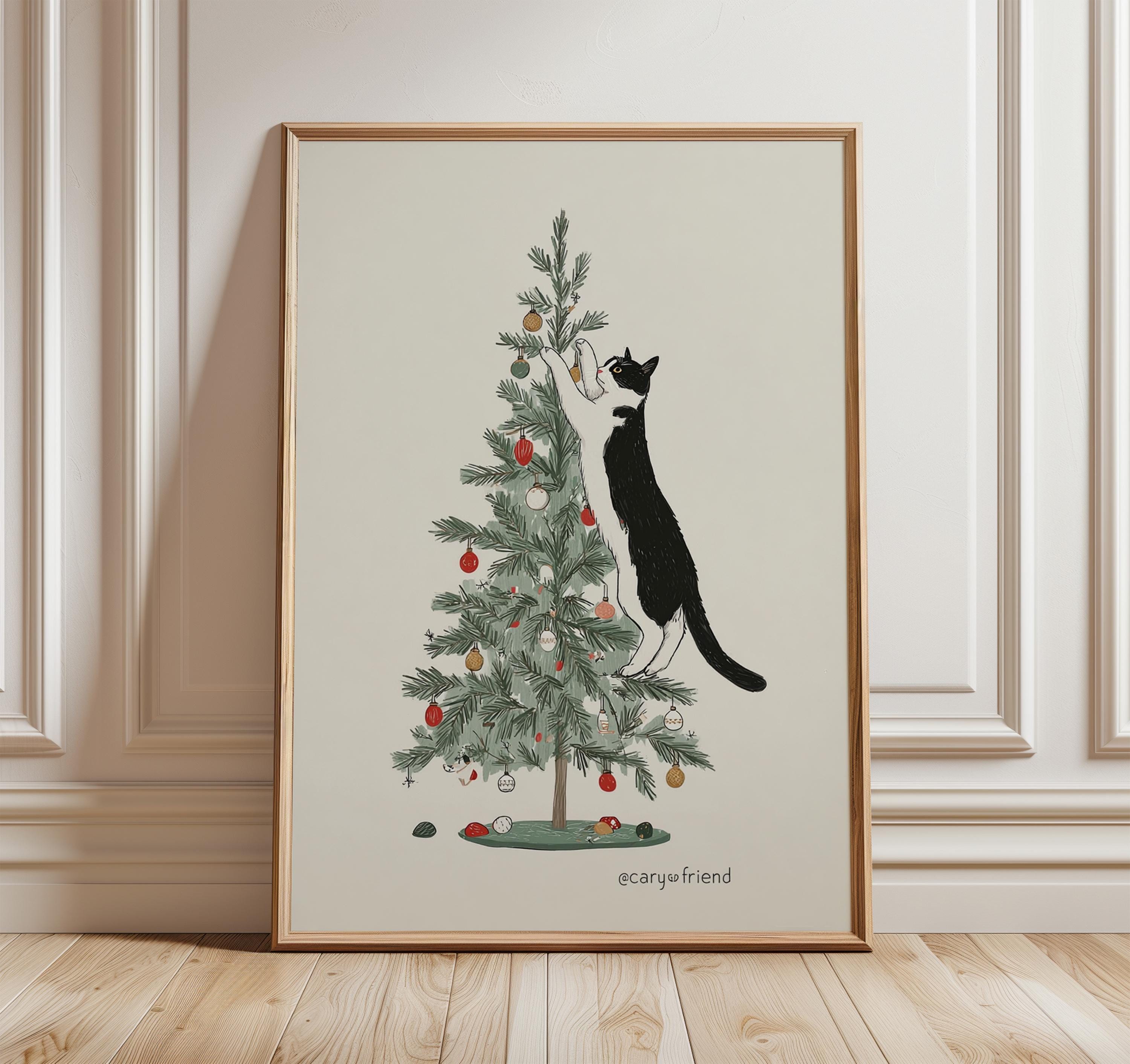 稲垣知雄　木版画　「Cat and Christmas Tree」 Funny Cat Christmas Tree Art Print, Black and White Cat Holiday