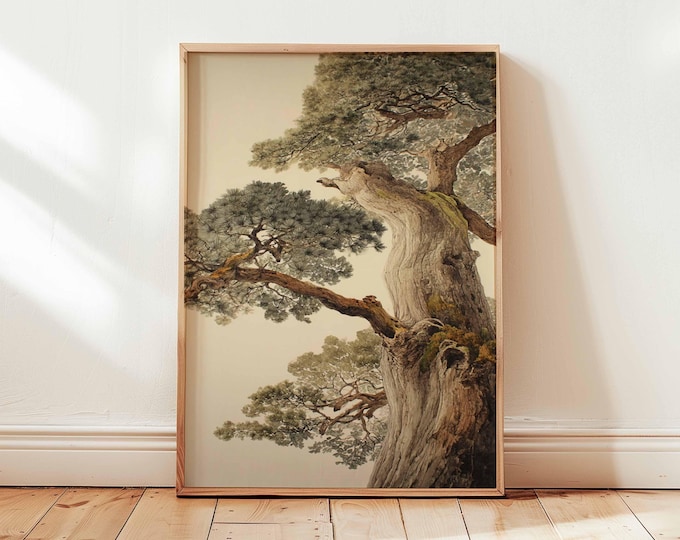 Ancient Pine Tree Wall Art, Japanese Nature Poster Print, Zen Botanical Decor, Oriental Tree Painting, Unframed Calm Forest Artwork
