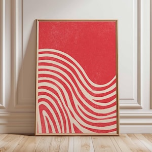Roter Abstrakter Wellen Poster-Druck, moderne minimalistische Wandkunst, mutiges grafisches Linien-Dekor, Retro Muster-Kunstwerk, ungerahmtes Statement-Stück