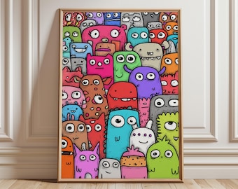 Colorful Monster Wall Art Print, Cute Cartoon Character Poster, Fun Doodle Illustration, Playful Pop Art Decor for Kids Room or Studio
