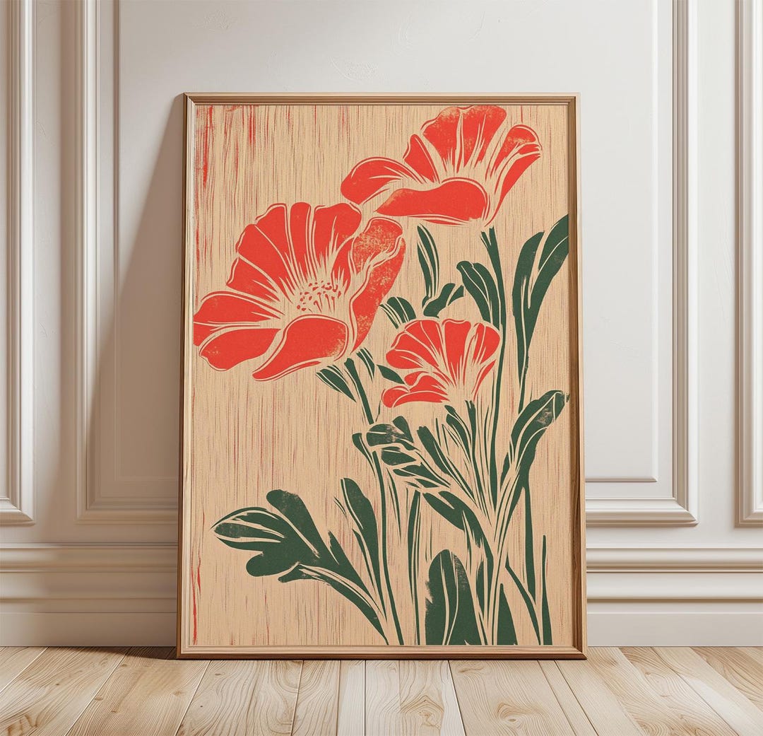 Red Floral Poster | Botanical Wall Art Print | Vintage Flower ...