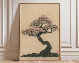 Japanese Bonsai Tree Poster, Minimalist Ink Art Print, Zen Nature Wall Art, Traditional Asian Tree Illustration, Wabi-Sabi Decor