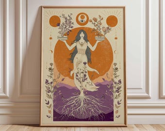 May include: A framed art print featuring a woman with long hair, holding plants in each hand. The artwork has an orange sun and moon design, with purple and beige tones. The woman's dress is adorned with floral patterns, and the roots of a tree are at the bottom.