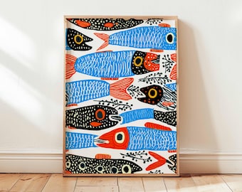 Colorful Sardine Fish Art Print, Mediterranean Coastal Kitchen Decor, Folk Art Nautical Wall Poster, Vibrant Blue Red Illustration Unframed