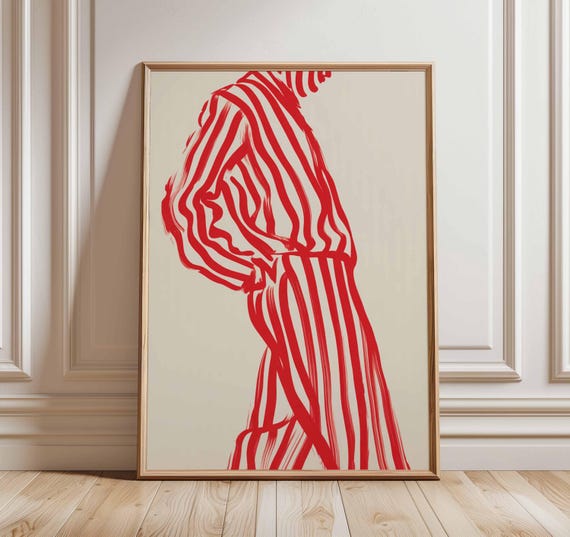 Fashion Line Art Poster – Bold Red Striped Suit Abstract Wall Print, Modern Minimalist Illustration Style Artwork for Living Room or Studio