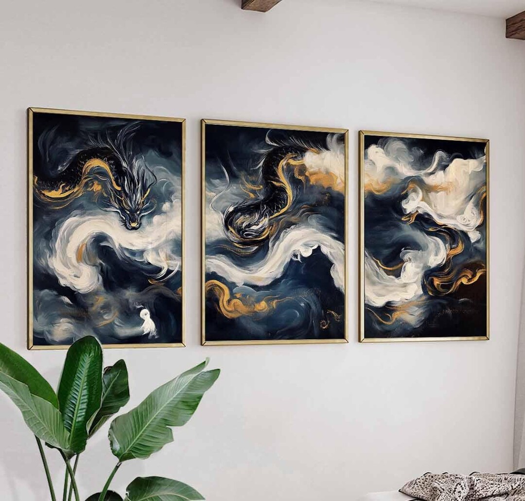 Dragon and Cloud Art Set, Abstract Black and Gold Posters, Fantasy Wall ...