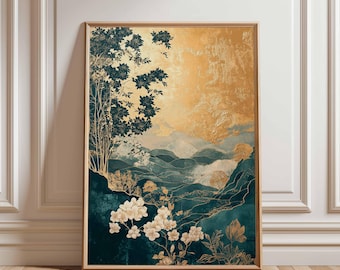 May include: Framed art print featuring a stylized landscape. The artwork showcases a mountain scene with teal and gold tones, with a tree and flowers in the foreground. The print is in a wooden frame and leans against a white wall.