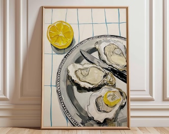 Oyster and Lemon Kitchen Wall Art Print – Modern Food Poster, Coastal Dining Room Decor, Seafood Illustration Artwork, Retro Kitchen Poster