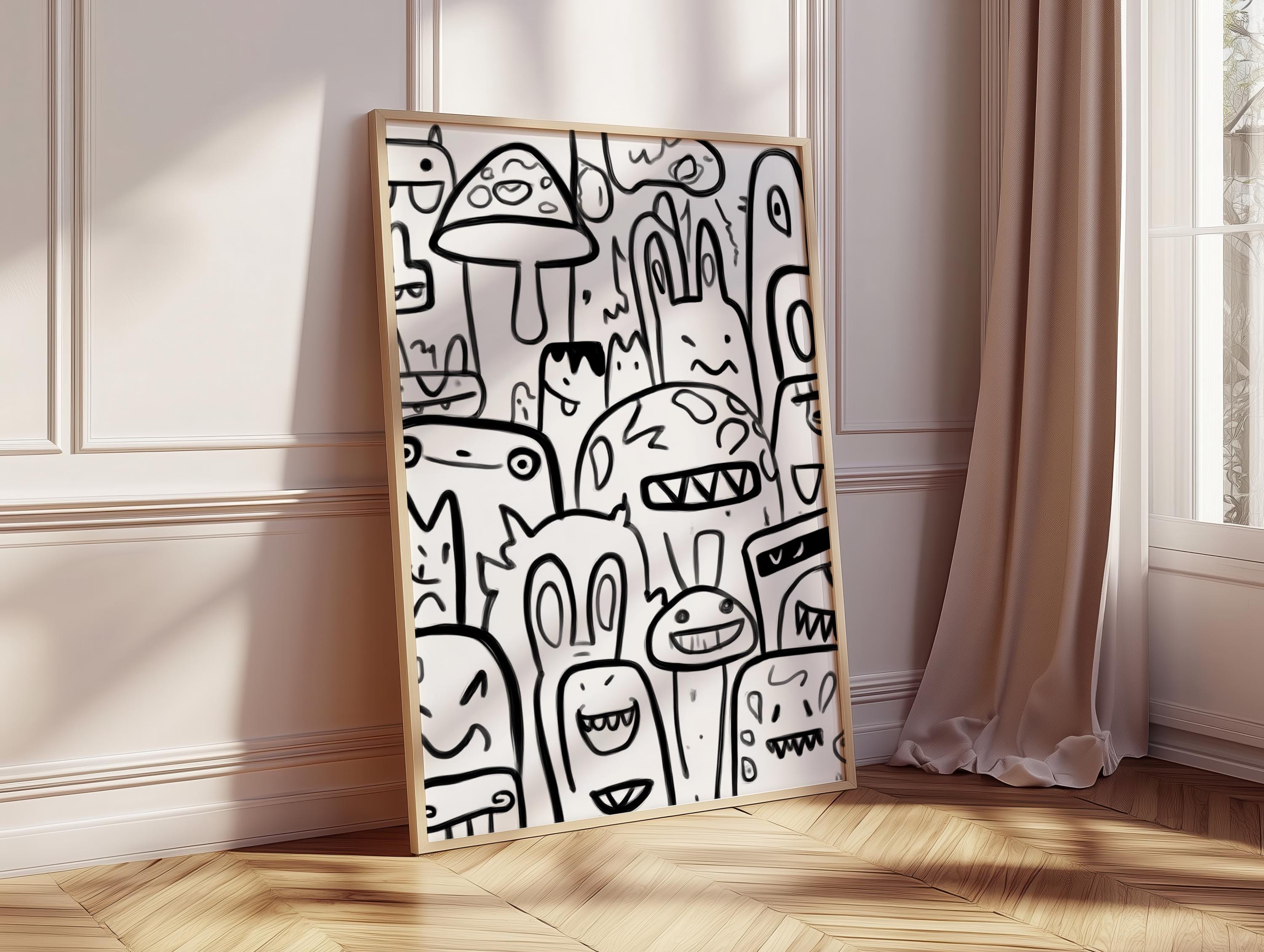 Black and White Doodle Art Print, Cartoon Monster Wall Art, Modern