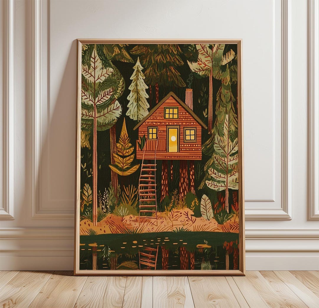Treehouse Print Treehouse Forest Poster | Woodland Cabin Wall Art | Nature Landscape ...