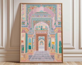 Peut inclure: Une impression d'art encadrée représentant un intérieur de palais coloré et orné. L'œuvre présente une série d'arcades et de colonnes dans des tons de rose, de turquoise et de jaune, avec des motifs floraux et géométriques complexes. L'impression est sur un sol en bois.